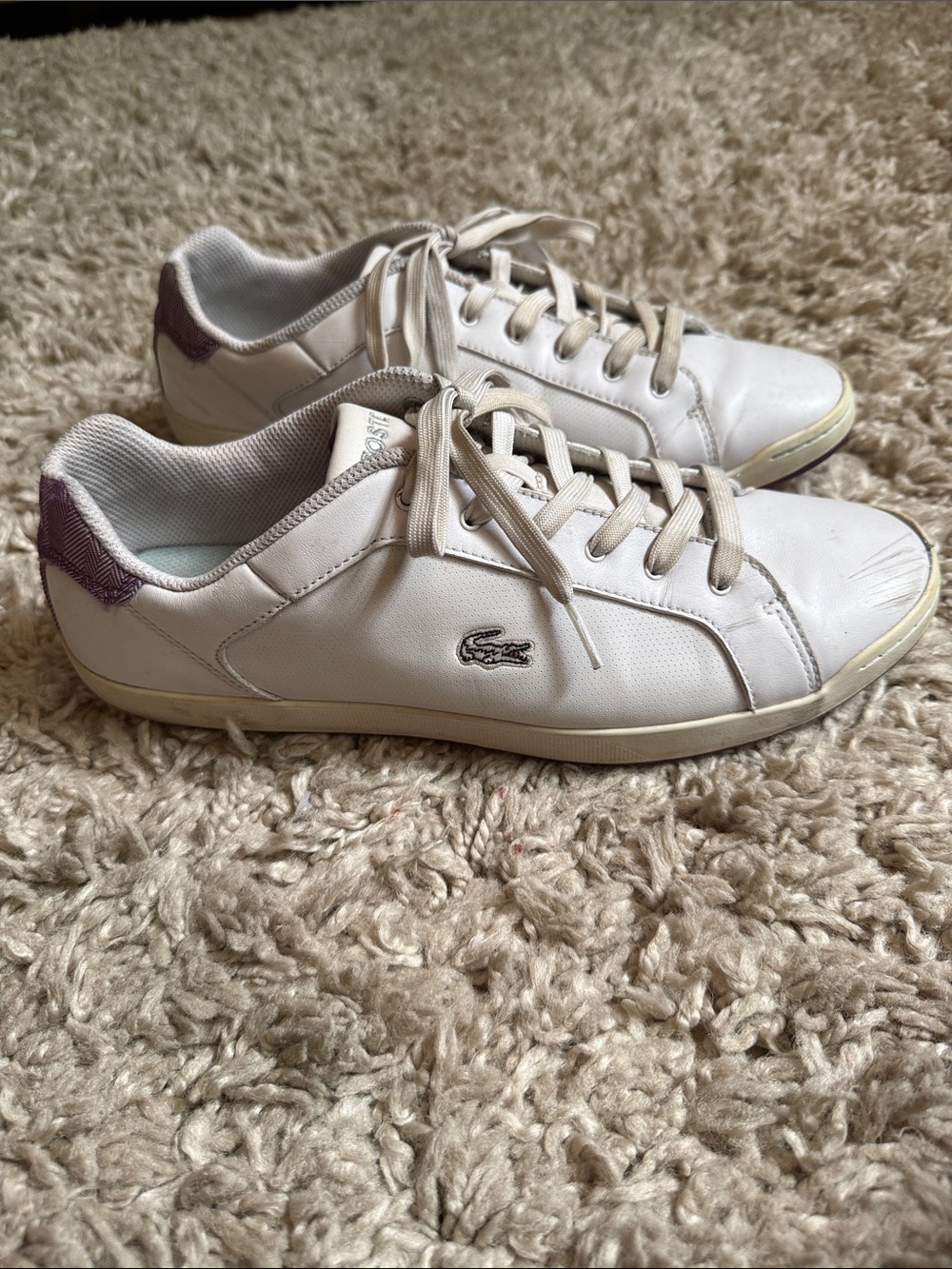 Lacoste White Leather Low-Top Sneakers Purple Chevron Heel Tab Size 9.5 - Picture 7 of 11